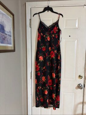 Old Navy Black Maxi Slip Dress with Red Floral Print